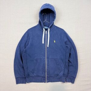Polo Ralph Lauren Full Zip Thermal Lined Hoodie Navy Blue Yellow‎ Pony Logo Sz L